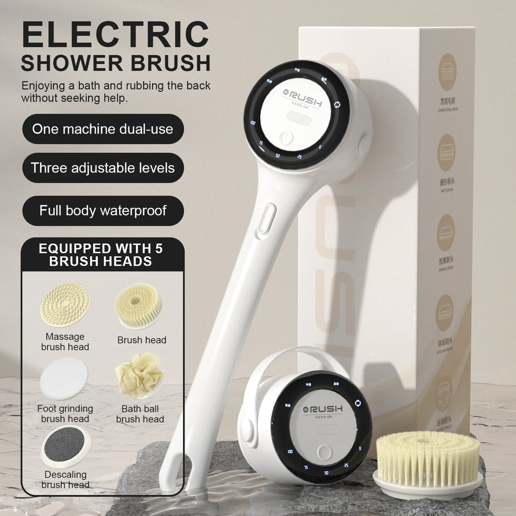 2025 NEW Electric Shower Body Cleaning Brush 5 Heads Spinning Spa Bath Brush Waterproof Long Handle Personal Back Rubbing 3 Gear