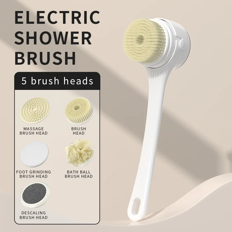 2025 NEW Electric Shower Body Cleaning Brush 5 Heads Spinning Spa Bath Brush Waterproof Long Handle Personal Back Rubbing 3 Gear
