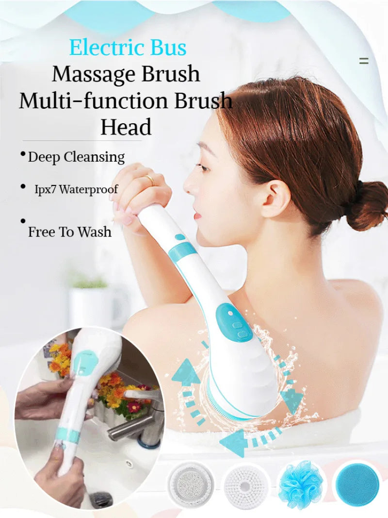 Household electric bath brush five in one long handle deep cleaning massage bath brush waterproof electric massage milk smooth