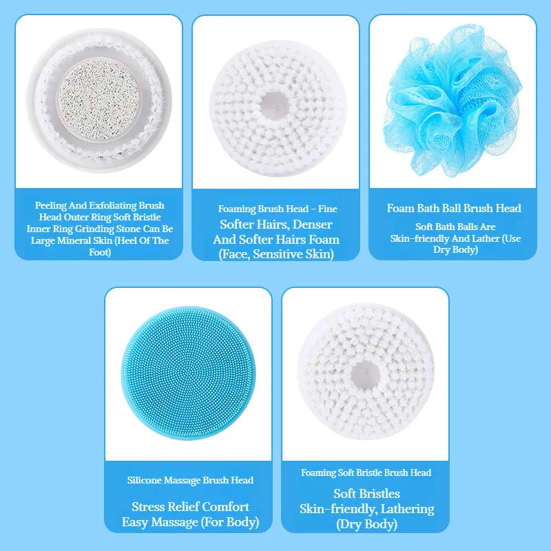 Household electric bath brush five in one long handle deep cleaning massage bath brush waterproof electric massage milk smooth